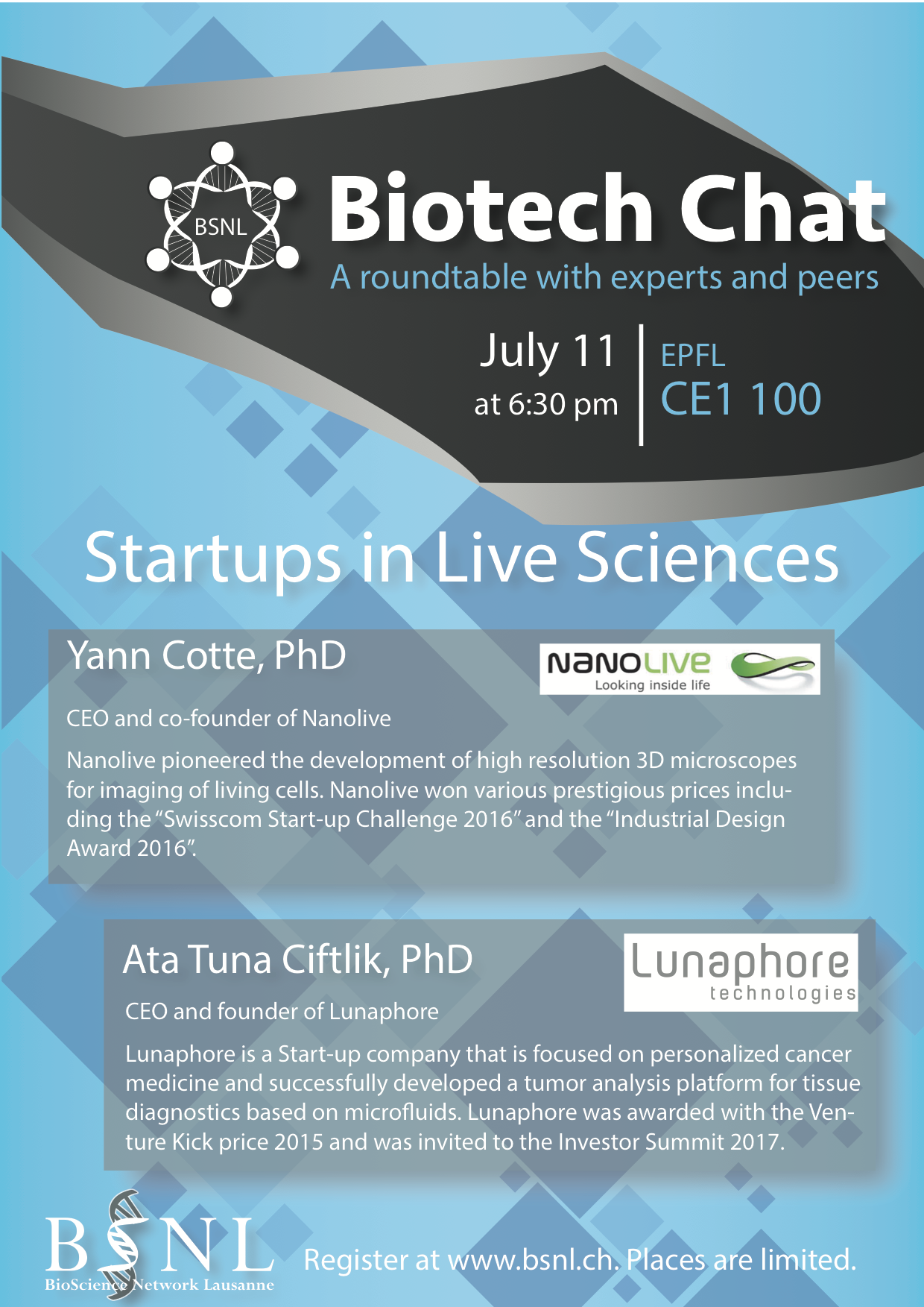Biotech Chat – Start-ups in Life Sciences, July 11th 2017, CE1 100 at EPFL